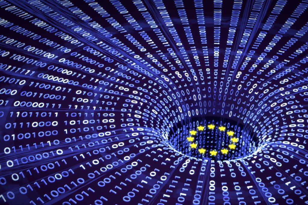 Visualisierung des EU Data Acts mit Binärcode-Strudel und Europasterne
